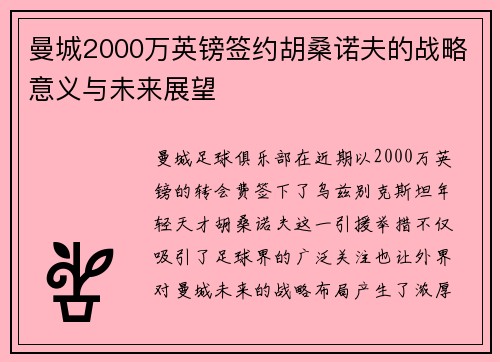 曼城2000万英镑签约胡桑诺夫的战略意义与未来展望