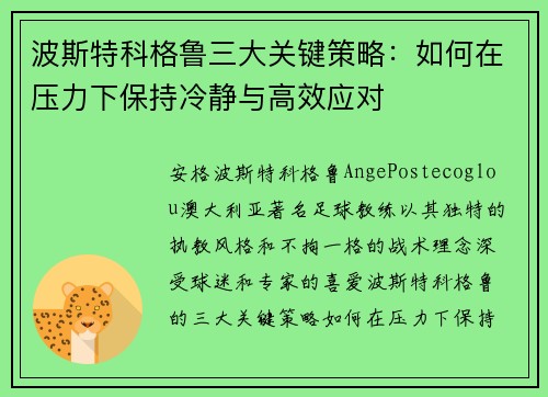 波斯特科格鲁三大关键策略:如何在压力下保持冷静与高效应对 波斯特科格鲁三大关键策略:如何在压力下保持冷静与高效应对