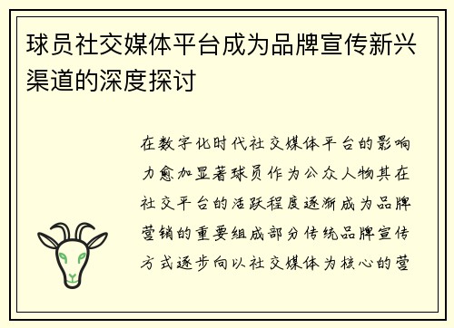 球员社交媒体平台成为品牌宣传新兴渠道的深度探讨 球员社交媒体平台成为品牌宣传新兴渠道的深度探讨
