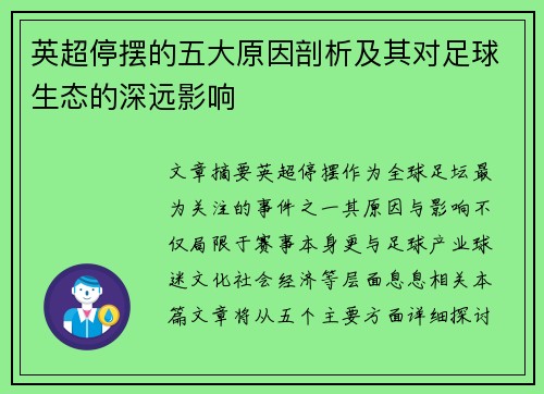 英超停摆的五大原因剖析及其对足球生态的深远影响 英超停摆的五大原因剖析及其对足球生态的深远影响