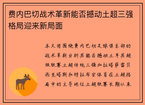 费内巴切战术革新能否撼动土超三强格局迎来新局面 费内巴切战术革新能否撼动土超三强格局迎来新局面