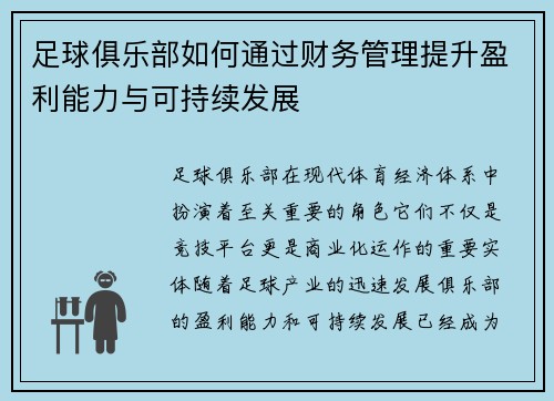 足球俱乐部如何通过财务管理提升盈利能力与可持续发展